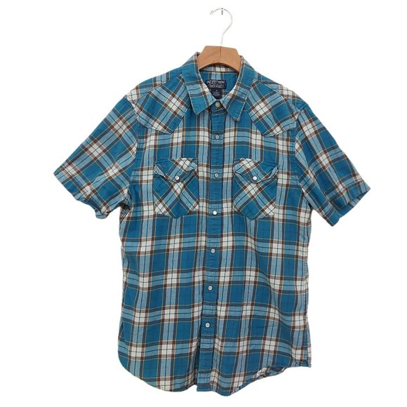 Polo Jeans Company Blue Flannel Plaid Shirt Button Up Short Sleeve Mens Sz Large